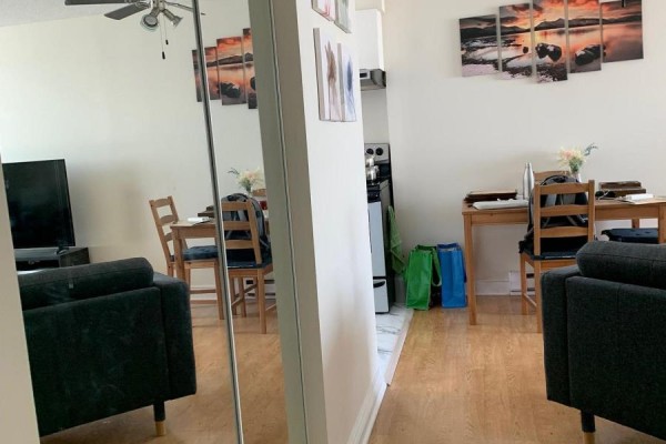 Living area with a large mirrored closet door, dark sofas, and a dining table with chairs. - 1010 - 1440 Heron Road, Ottawa