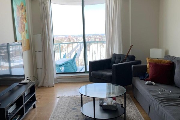 Living room with a grey sofa, armchair, glass coffee table, and a large window with a balcony view. - 1010 - 1440 Heron Road, Ottawa