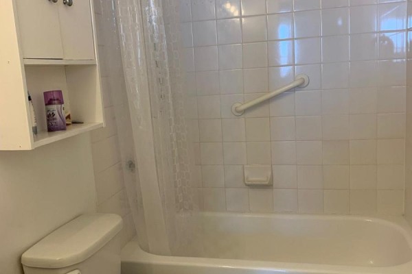 Bathroom with white tiled walls, a bathtub with a clear shower curtain, and a wall-mounted grab bar. - 1010 - 1440 Heron Road, Ottawa
