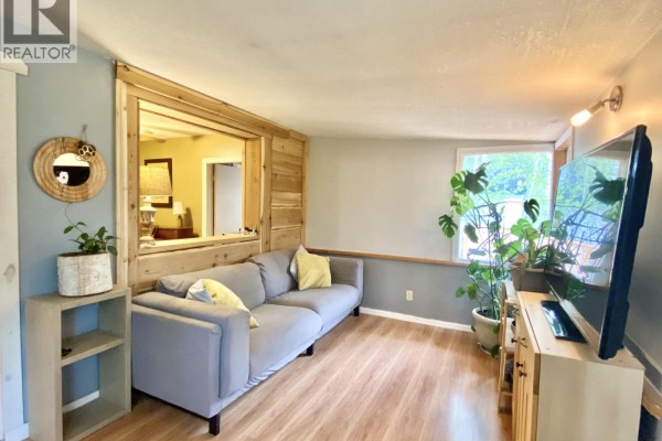 Living room with a grey sofa, television, wood-paneled accent wall with a mirror, and large windows with plants. - 1010 Main Street, Valemount