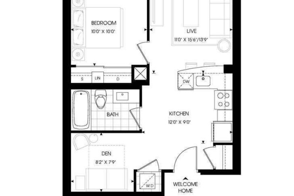 Floor plan shows a one-bedroom apartment with a den, kitchen, living area, and bathroom. - 1011 - 30 Roehampton Avenue, Toronto