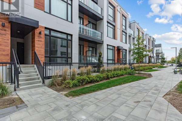 Entrance to townhouses 1014, 1015, 1016, and 1017 with grey steps and wooden accents. - 1014 - 14 David Eyer Road, Richmond Hill
