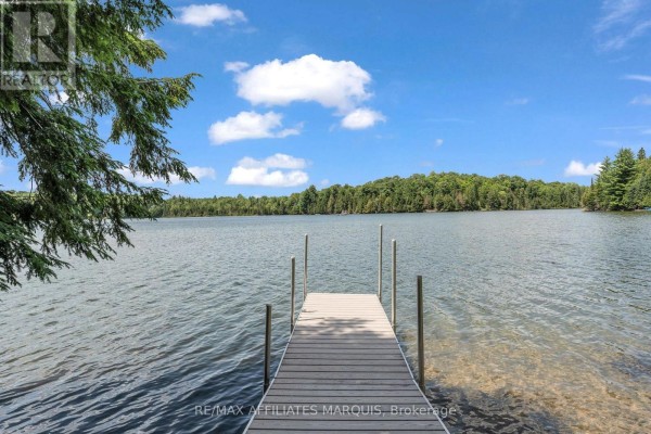 View of a lake with trees and a wooden dock in the foreground, with a clear blue sky. - 1015 Penyck  Lake Lane, Frontenac