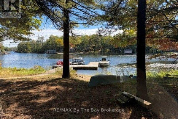 Wooden dock with two boats moored on the water, surrounded by trees. - 10158 Georgian Bay Shore, Georgian Bay