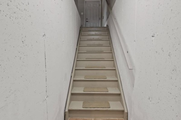 Stairs to basement with concrete walls and rug - 10159 Meadowlilly Crescent Lambton Shores