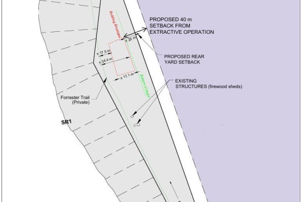 Site plan showing Forrester Trail, proposed setbacks, and extractive operation area. - 1019 Forrester Trail, Bracebridge