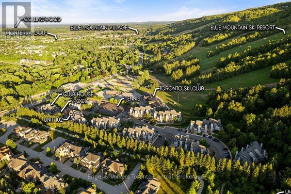 Aerial view of Blue Mountain Village, golf courses, and residential areas with Unit 102 labeled. - 102 - 796468 Grey Road 19 Road, Blue Mountains