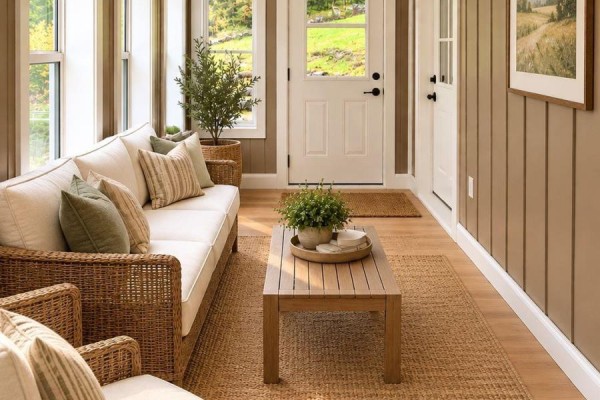 Sunroom interior with a white sofa, wicker chairs, wooden coffee table, and large windows overlooking a green yard. - 1020 Kellar Road, Frontenac