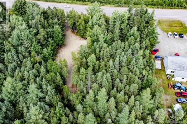Aerial view of a wooded property with a cleared path leading towards a road. - 10200 Route 134, Saint Louis De Kent