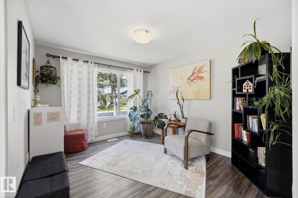Living room with light grey walls, a patterned rug, plants, and a bookcase. - 10245 152 St Nw, Edmonton