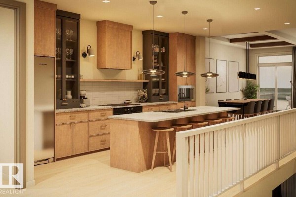Open concept kitchen with light wood cabinets, stainless steel appliances, and a large island. - 10252 92a, Morinville