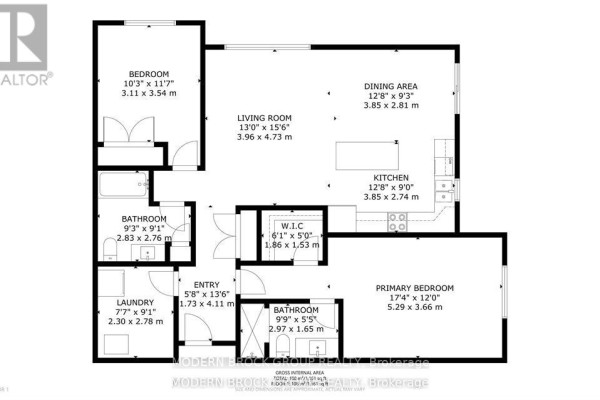 Floor plan of the apartment showing layout of rooms and dimensions - 103 - 1109 Millwood Avenue, Brockville