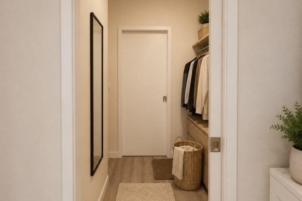 Hallway with full-length mirror leading to a walk-in closet with hanging clothes and shelves. - 103 - 690 King Street W, Kitchener