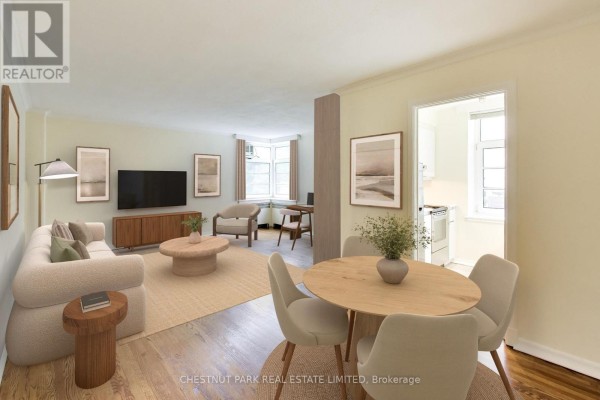 Virtually staged living and dining room with furniture, light beige walls, and hardwood floors. - 103 - 717 Eglinton Avenue W, Toronto