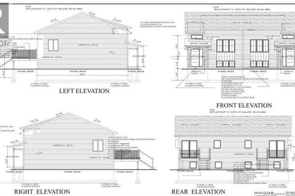Architectural elevations showing the left, front, right, and rear views of a two-story residential building. - 103 Alosier Crescent, Moncton