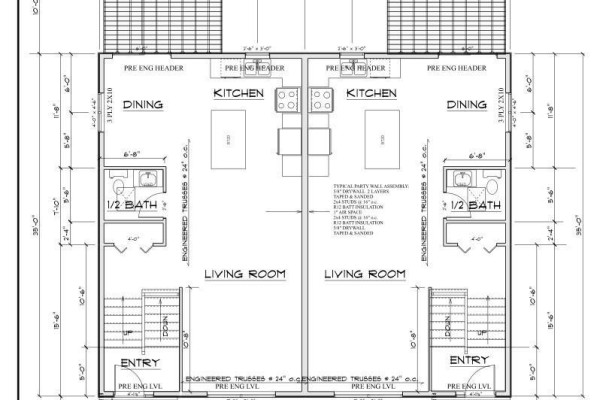 Floor plan of a main level with two living rooms, two kitchens, two dining areas, and two half baths. - 103 Alosier Crescent, Moncton