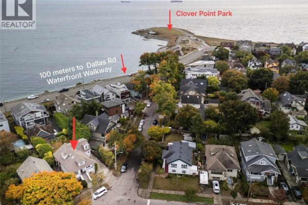 Aerial view showing the house location with markers indicating proximity to Dallas Road Waterfront Walkway and Clover Point Park. - 103 Bushby St, Victoria