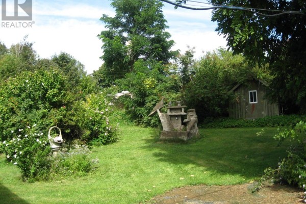 Backyard with a green lawn, trees, a small wooden shed, and garden sculptures. - 103 Highway 8, Milton