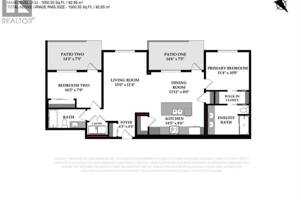Floor plan of a two-bedroom apartment with living, dining, and kitchen areas. - 104, 383 Smith Street Nw, Calgary