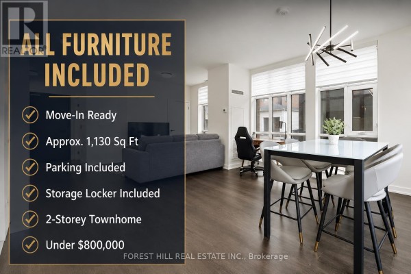 Listing details overlayed on a photo of the dining and living area. - 104 - 16 Symes Road, Toronto