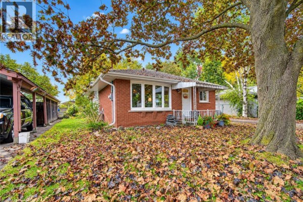 Side view of red brick bungalow with mature tree and autumn foliage. - 104 Weichel Street, Kitchener