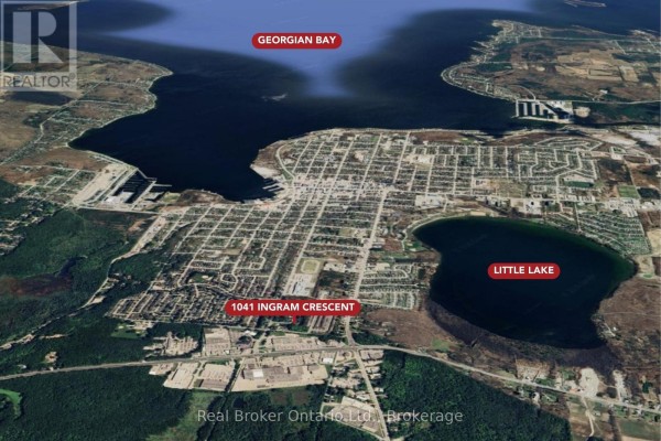 Aerial view of Georgian Bay and surrounding neighborhoods, highlighting 1041 Ingram Crescent. - 1041 Ingram Crescent, Midland