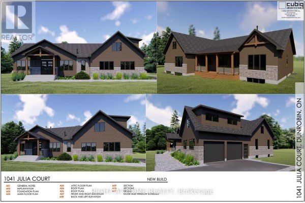 Four exterior renderings of a modern two-storey home with brown siding and stone accents. - 1041 Julia Court, Ottawa