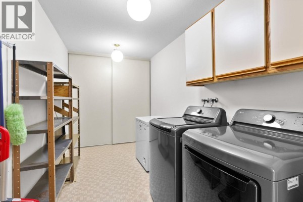 Laundry room featuring gray appliances, shelving, and a light fixture. - 1045 Sutherland Avenue Unit# 214, Kelowna