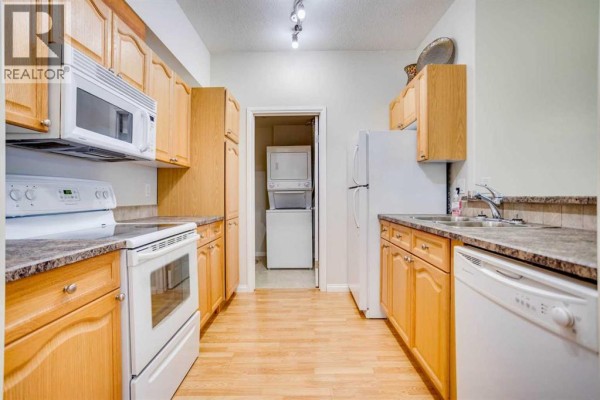 Full view of the apartment kitchen showing appliances, cabinets, and laundry closet. - 105, 290 Plamondon Drive, Fort Mcmurray