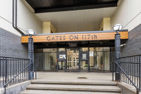 Close-up of the gated entrance to the "Gates On 117th" apartment building. - #105 10531 117 St Nw, Edmonton