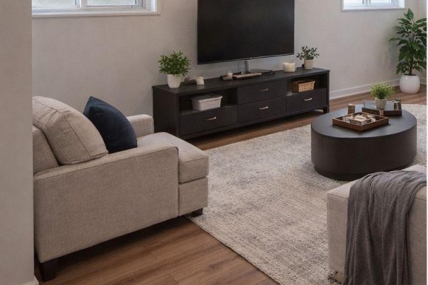 Living room with light-colored sofas, TV unit, and decorative plants - 105 Creighton(lot 63) Drive, Loyalist
