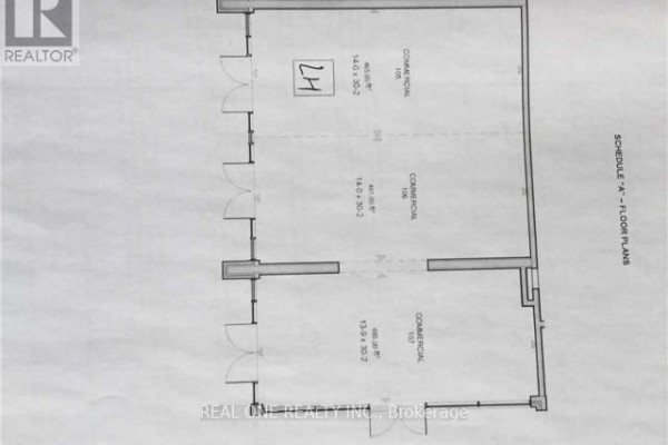Floor plan showing two adjacent commercial units, each 14.0 x 30.2 feet, with glass doors. - 105&106 - 250 Albert Street, Waterloo