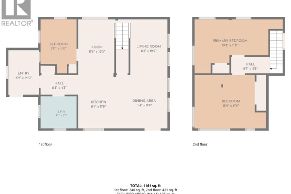 Floor plan shows 1161 sq ft across two levels with multiple bedrooms and living areas. - 10555 Granby Road, Grand Forks