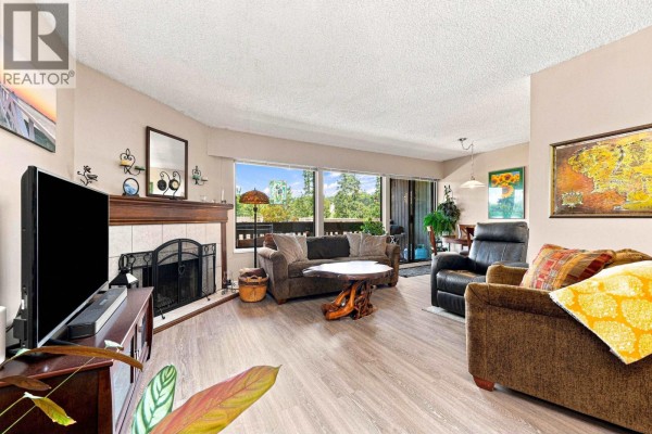 Living room with fireplace, television, large windows, and neutral-colored furniture. - 1059 Old Lillooet Road, North Vancouver