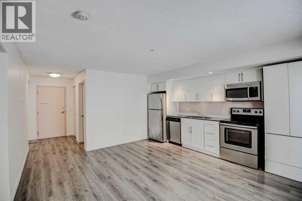 Open concept living area and kitchen with white cabinets, stainless steel appliances, and grey wood floors. - 106, 1920 11 Avenue Sw, Calgary