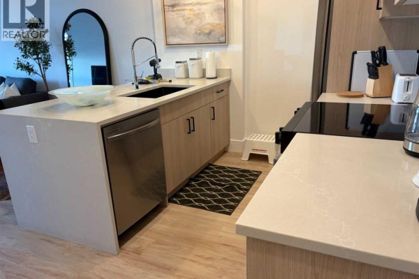 Contemporary kitchen with light wood cabinetry, light stone countertops, stainless steel sink, and dishwasher. - 106, 330 Dieppe Drive Sw, Calgary