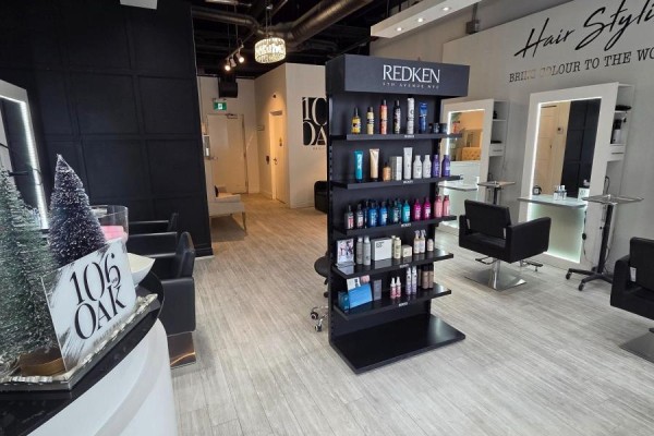 Interior view showcasing product display and styling stations with modern decor - 106 - 216 Oak Park Boulevard, Oakville