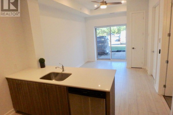 Modern kitchen island with sink, dishwasher, recessed lighting, ceiling fan - 106 - 4040 Upper Middle Road, Burlington