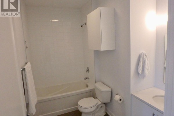 Modern bathroom with tub-shower, toilet, vanity, and wall cabinet - 106 - 4040 Upper Middle Road, Burlington
