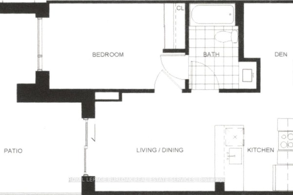 Floorplan of 1 bed, 1 bath unit with den, kitchen, living/dining, patio - 106 - 4040 Upper Middle Road, Burlington