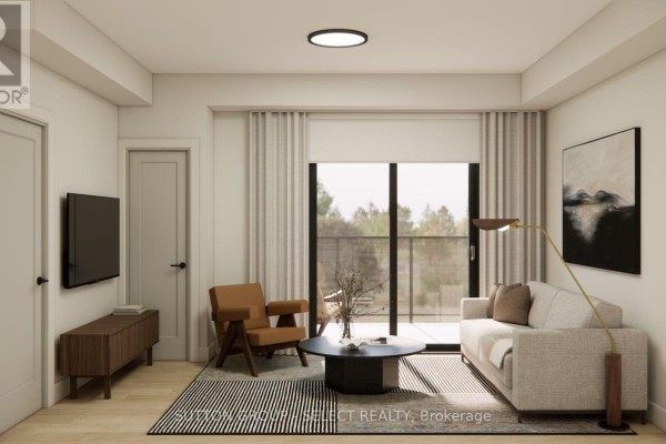 Living room with television on a wooden console and a sliding glass door. - 107 - 75 Suncoast Drive, Goderich)