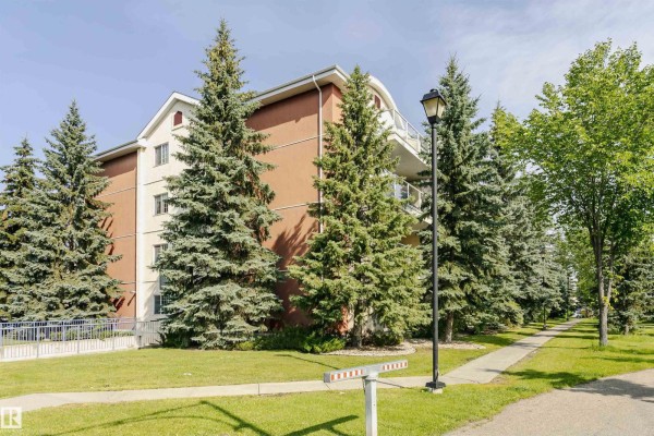 Side view of an apartment building with mature evergreen trees and a paved walkway. - #106 12110 106 Av Nw, Edmonton
