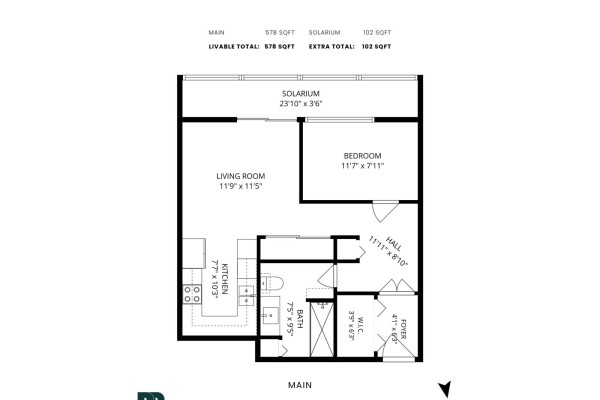 Floor plan of a 578 sq ft apartment with a living room, kitchen, bedroom, and solarium. - 106 14881 Marine Drive, White Rock