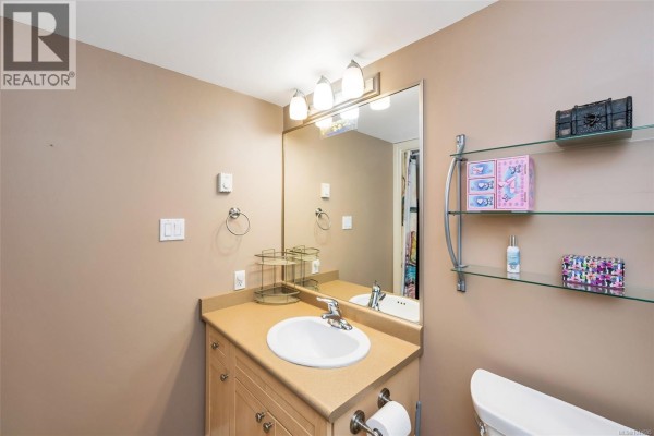 Bathroom vanity with a sink, beige countertop, wood cabinets, and a large mirror. - 106 650 Dobson Rd, Duncan