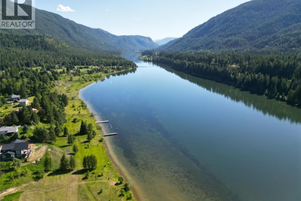 Aerial shot of the riverbank with a dock and green landscape. - 1062 Scamp Road, Castlegar