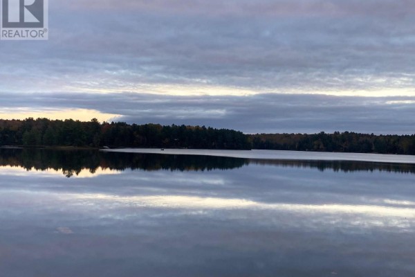 Overcast sky with grey clouds reflected on a still lake with a forested shoreline. - 1063 Dickie Lake Road, Lake Of Bays