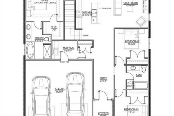 Main floor plan showing living spaces, kitchen, bedrooms, garage, and entry. - 1065 Manhattan Drive, Sarnia