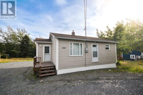 The beige exterior of a small house with a brown roof and multiple windows on a cloudy day. - 1067 Main Road, Dunville
