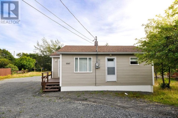 Side view of a beige house with a brown roof, showing the front entrance and several windows. - 1067 Main Road, Dunville