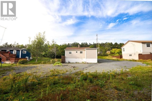 A wide shot of the beige house with a gravel driveway, green picnic table, and surrounding trees. - 1067 Main Road, Dunville